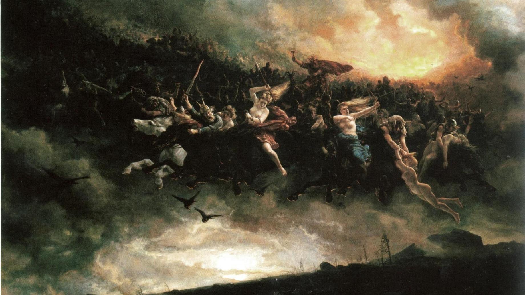 Åsgårdsreien by Peter Nicolai Arbo, painting in oil on canvas, 1872. Currently residing at the National Gallery in Oslo, Norway. Here Thor holds Mjölnir aloft (center) as he leads a legion of men and women on a mythological hunt through the skies on the way to Asgard.