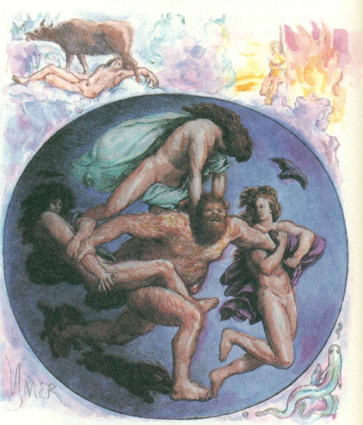 Odin, Vili, and Ve, kill the giant Ymir, illustration by Lorenz Frølich, date unknown.