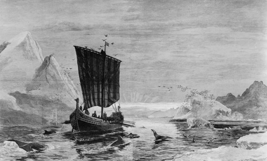 An illustration by Carl Rasmussen of Erik the Red on a Viking longboat as he and his men from Norway first land on what became Greenland in 982AD