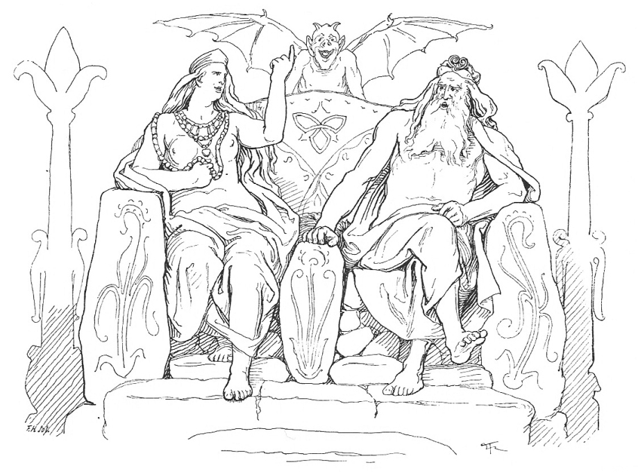 Frigg and Odin wagering upon Hliðskjálf in Grímnismál (1895) by Lorenz Frølich.
