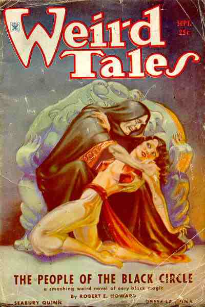 Cover of the pulp magazine Weird Tales (September 1934, vol. 24, no. 3) featuring The People of the Black Circle by Robert E. Howard. Cover by Margaret Brundage depicting the Devi of Vendhya in the hands of the wizard called The Master of Yimsha.